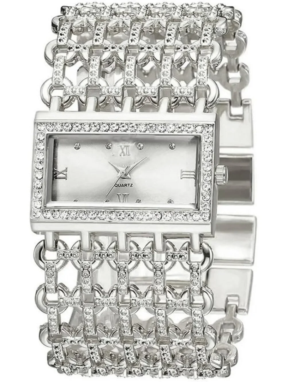Women's Silver Luxury Rectangular Case Analog Quartz Fashion Dress Wrist Watch